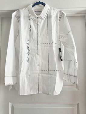 Karl Lagerfeld White Button-Down Shirt with Black and Brown Stitch Graphic